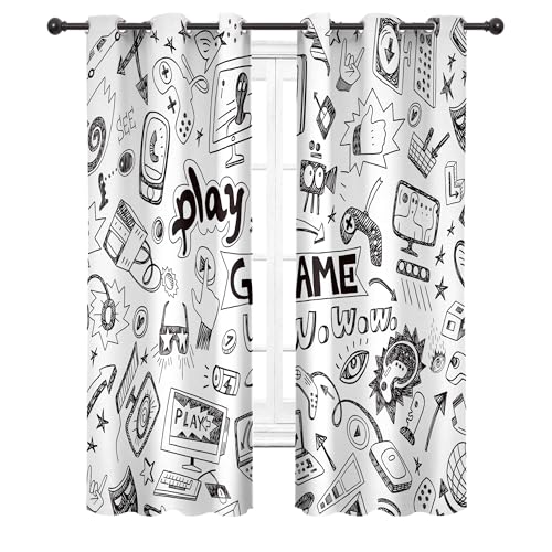 Cinbloo Kids Video Games Blackout Curtains 29W x 63L Inch Black White Gaming Curtains Teen Boys Bedroom Decor Gamer Theme 90's Cool Art Printed Living Room Playroom Window Drapes 2 Panels