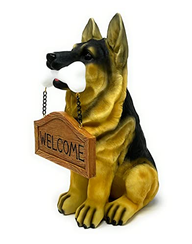 "Nature's Mark German Sheperd Dog Puppy Statue with Reversible Welcome Sign and Go Away Sign Resin Garden Decor 12"" H"