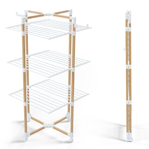 VOUNOT?? 3-Tier Folding Tower Clothes Airer Large Capacity 25m Drying Rack with 4 Wheels 2 Side Wings for Indoor and Outdoor Use White