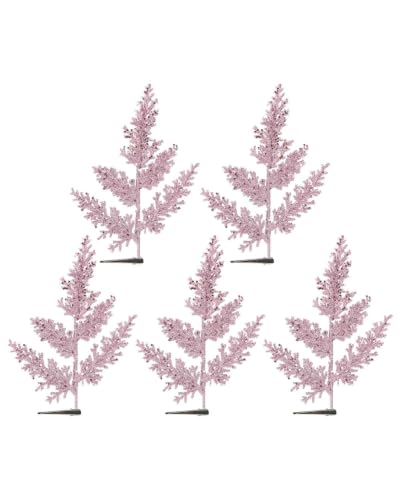 Set of 5 Pink Glitter Leaf Christmas Tree Picks, 23cm Sprays - 5 pink glitter leaf picks, 23cm decorative Christmas sprays for trees, wreaths, garlands and festive displays
