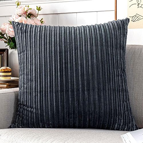 UGASA Corduroy Striped Soft Soild Decorative Square Throw Pillow Covers Set Cushion Cases Pillowcases for Sofa Bedroom, 1 Pc, 24x24inch, Dark Grey