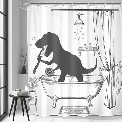LGhtyro Funny Dinosaur Kid Shower Curtain Bathroom Set 60Wx71H Inches Cartoon Dino Sketch Trex in Bathtub Animal Raptor Hilarious Cool Bath Accessories Dinosaur Art Home Decor Fabric 12 Pack Hooks