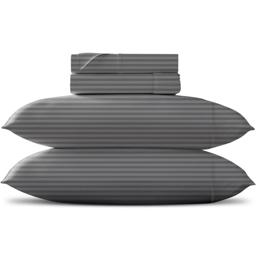 "Pure Egyptian California King Stripe Sheet Set (Cal King, 600 Thread Count) Dark Grey Flat Sheet & Pillowcases (4 Piece),Cal King Size Flat Sheet,Satin Fabric,18"" Cal King Deep Pocket Sheets Heets"