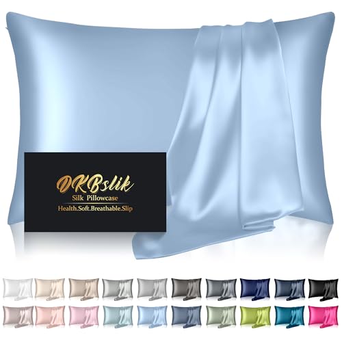 Silk Pillowcase for Hair and Skin, Mulberry Silk Pillow Cases Queen Size, Anti Acne Cooling Beauty Sleep Both Sides Natural Silk Satin Pillowcases with Hidden Zipper, Gifts for Women Men, Haze Blue