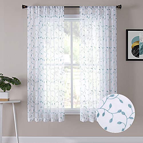 Tollpiz Leaves Short Sheer Curtain Teal Blue Leaf Embroidery Living Room Curtains Rod Pocket Voile Faux Linen Embroidered Leaves Curtain for Bedroom, 38 x 45 inches Long, Set of 2 Panels