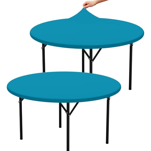 "misaya 2 Packs Round Spandex Tablecloths, Stretch Elastic Tablecloth Cover Fitted for 45""-56"" Round Tables, Waterproof Polyester Washable Table Cloth for Dining, Party, Outdoor and Indoor, Turquoise"