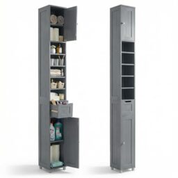 VOUNOT Tall Bathroom Cabinet Freestanding Storage Cabinet with Adjustable Shelf, 1 Drawer and 2 Doors Wooden Cupboard for Bedroom Living Room Kitchen and Hallway, 20x20x180cm Grey