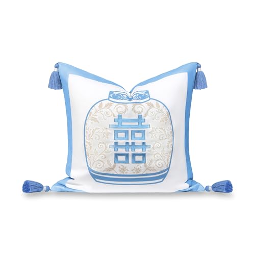 "Hofdeco Premium Coastal Hampton Patio Indoor Outdoor Throw Pillow Cover Only, 20""x20"" Water Repellent for Backyard, Couch, Poolside, Azure Blue Tan Embroidered Happiness Chinoiserie Vase"