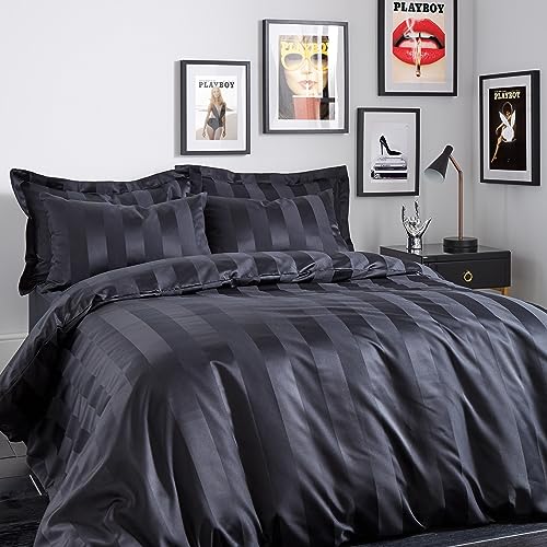 Sassy B Playboy Bedding Soft Satin Stripe Single Duvet Cover Set with Pillowcase Black