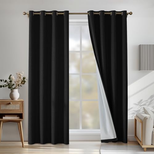 CYCMACO Linen 100% Blackout Curtains for Bedroom, Black Out Curtains 84 Inch Long, Room Darkening Curtains for Living Room, Long Curtain Grommets Drapes, Thermal Curtains(2 Panels, Black)