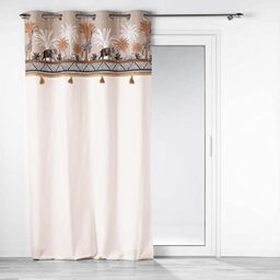 Douceur d'Intérieur, Kenya Lodge Curtain with Eyelets (140 x 240 cm) Taupe Cotton Printed Top and Tassels