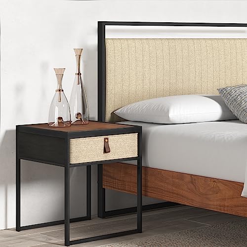 Zinus Ilsang Nightstand 45x43x52 cm - Metal and Wood Side table - Taupe fabric drawer - Brown and Black