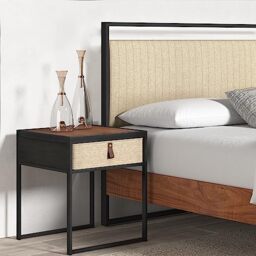 Zinus Ilsang Nightstand 45x43x52 cm - Metal and Wood Side table - Taupe fabric drawer - Brown and Black