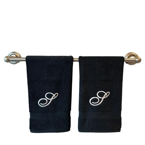 Decorvo Black Monogrammed Hand Towels for Bathroom - Luxury Hotel Quality Personalized Initial Embroidered Towel for Powder Room, Spa - GOTS Organic Certified - Set of 2 White Letter S