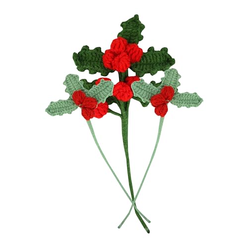 Talking Tables 3 x Christmas Crochet Stems 12cm Handmade Festive Holly Leaf and Red Berry Decorations, Reusable Christmas Décor for Wreaths, Vases, Tables, Mothers Day