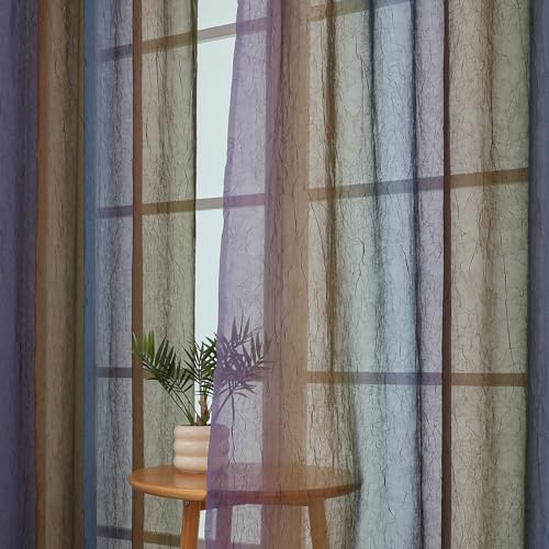 "OWENIE Ombre Sheer Curtains for Bedroom Living Room 84 Inches Long 2 Panels - Gradient Light Filtering Crinkle Crushed Semi Sheer Printed Window Curtain Panels, (50"" W x 84"" L, Blue/Purple)"