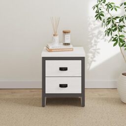 GFW Boston Bedside Table with 2 Drawers, Industrial Nightstand with Oak Effect Finish, 30mm Top Panel and Contrasting Frame, Bedroom Storage Cabinet