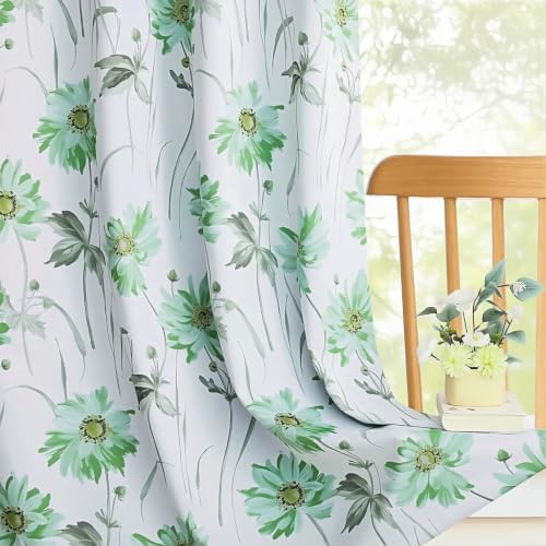 Vintage Sage Green Blackout Curtains 72 Inch Length - 100% Room Darkening Thermal Insulated Drapes 2 Panel Set Botanical Floral Pattern Grommet Window Curtain for Bedroom,Nursery & Living Room