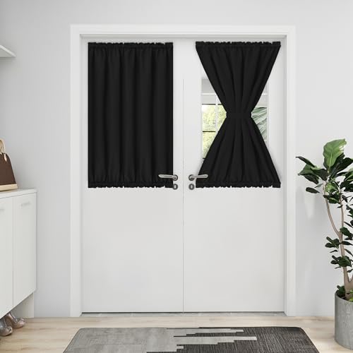 Easy-Going Blackout Door Curtains 1 Panel, 25x40 inch, Black - Rod Pocket Privacy Light Filtering Sidelight Curtains French Door Curtains with Tieback