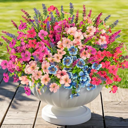ICX Faux Flowers for Outdoor Planters, Fake Flowers for Outside with Violets & Lavender, Silk Flowers UV Resistant Realistic for Front Door, Porch, Yard, Patio, Window Box, Hanging Basket (12pc