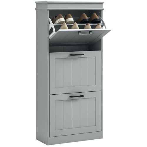 HOMCOM 3 Drawers Entryway Shoe Cabinet, Narrow Shoe Storage Cabinet with 3 Flip Drawers and Adjustable Shelves for 15 Pairs of Shoes, Grey