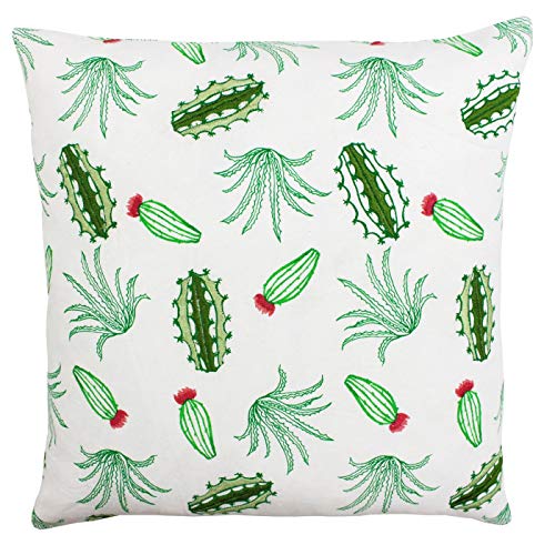 "Riva Paoletti Desert Cushion Cover Green and Coral Pink Cactus Print with Embroidery 100% Cotton 45 x 45cm (18"" x 18"")"