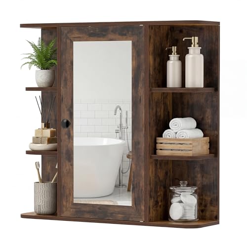 CASART Bathroom Mirror Cabinet, Wall Mounted Storage Cupboard with Single Door and Open Shelves, Wooden Medicine Cabinet Display Organizer Unit for Kitchen Living Room (Rustic Brown, 66 x 16.5 x 63cm)