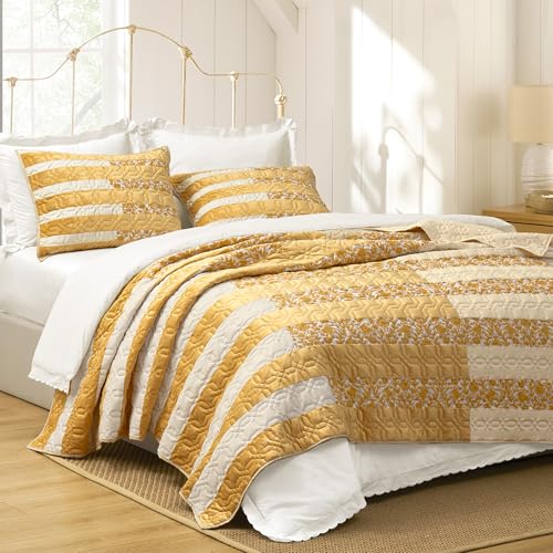 Wonderful Yellow Patchwork Spring Quilt King - Real Stitched Cotton Velvet Microfiber Mixed Bedding - 3-Piece Piano Key Splicing Floral Bedspread - Lightweight Geometric Quilted Coverlet