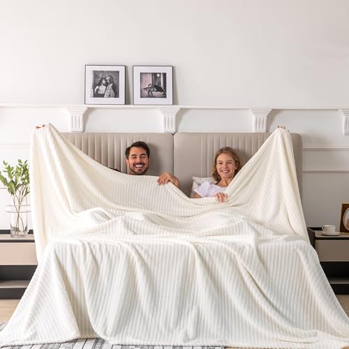 Serenhom 120x138 Inch Huge 10'x11.5' Extra Large Soft Cozy Fleece Blanket, Giant Seamless Oversized King California King Blanket Olive-Shaped Jacquard Pattern for Sofa, Family, Travel - Ivory White