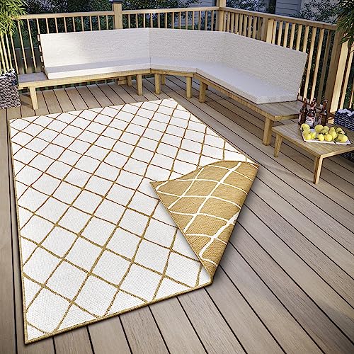 NORTHRUGS Malaga Indoor and Outdoor Reversible Rug - Flat Weave, Geometric Design, Oeko-Tex, Weatherproof and UV-Resistant for Balcony, Patio, Garden - Ochre, 120 x 170 cm