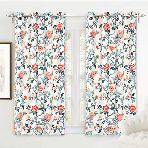 DriftAway Ada Floral Botanical Print Flower Leaf Lined Thermal Insulated Room Darkening (Black) out Grommet Window Curtains 2 Layers Set of 2 Panels Each 52 Inch by 63 Inch Ivory (Orange Teal)