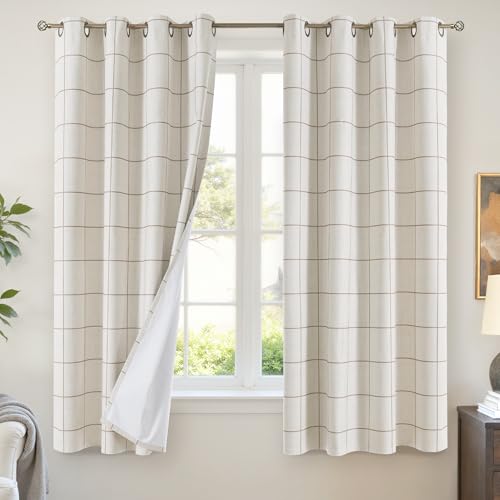 Lajode Plaid Curtains 63 Inch Long - Insulated Linen Blackout Curtains for Living Room, Boho Gingham Patterned Farmhouse Window Treatments for Bedroom Striped Drapes 52x63 Inch 2 Panels, Brown