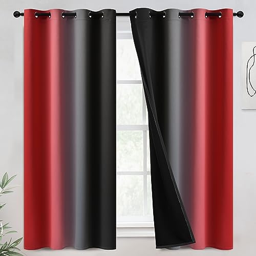 COSVIYA 100% Blackout Curtains & Drapes Black Red Curtains 63 inch Length - Full Room Darkening Grommet Gradient Insulated Thermal Window Curtains for Bedroom/Living Room,52Wx63L inches???2 Panels