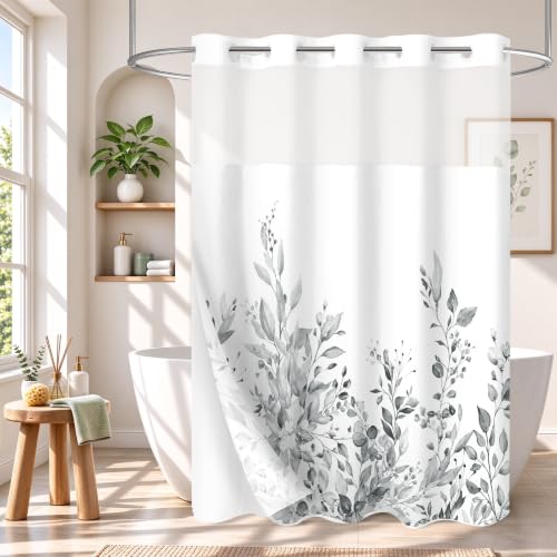 "Gibelle No Hook Long Shower Curtain with Snap-in Fabric Liner Set - 72"" x 80""(78""), Hotel Style Double Layers Grey Eucalyptus Leaves Shower Curtain with See Through Top Window"