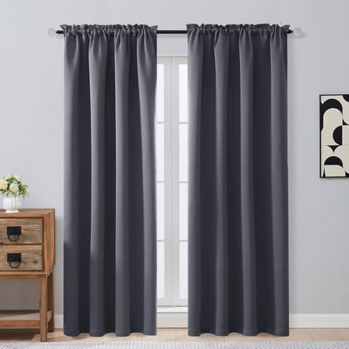 OVZME Charcoal Grey Blackout Curtains 84 Inches Long 2 Panels, Solid Thermal Insulated Soft Blackout Curtains for Bedroom, Dual Rod Pocket Window Treatments Drapes for Living Room, 2x50Wx84L Inches