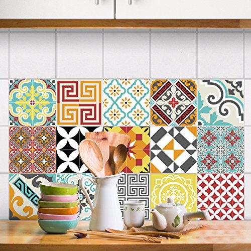 Ambiance Pack of 15 Tile Stickers- Self-adhesive decorative wall decal cement tile - Mosaic tile wall decal bathroom and kitchen - Cement Tile wall stickers - azulejos - 15 x 15 cm 15 pieces