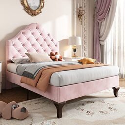 Merax Upholstered Single Bed, 3FT Bed Frame with Height-Adjustable Headboard and Wooden Slat Support, Comfortable Backrest, Easy Assembly, Velvet, Pink, 90x190cm