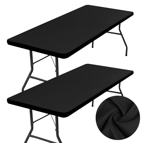 "Homing 2 Pack Rectangle Table Cloth, Elastic Fitted Fabric Tablecloth Fits for 5 Foot Folding Tables, Washable Table Cover for Picnic, Camping, Indoor & Outdoor (Black, 30"" x 60"")"