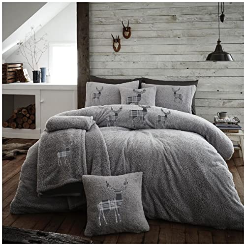 GC GAVENO CAVAILIA Fluffy Fur Fleece Teddy Embroidery Duvet Cover, Soft Snuggle Thermal Quilt Reversible Bedding Set, King, Emb Stag-Grey/Charcoal