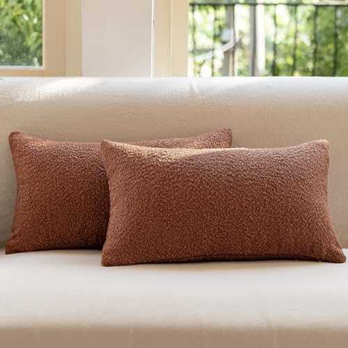 GEEORY Decorative Throw Pillow Covers 12x20 Inch Pack of 2,Textured Boucle Neutral Lumbar Cushion Cases for Bed Couch Sofa, Accent Mordern Farmhouse Minimalist Home Decor (Tobacco Brown) GE06-12