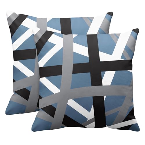 Emvency Set of 2 Throw Pillow Cover Blue Grey Stripes Black White Design Retro Decorative Pillow Case Striped Home Decor Square 18x18 Inch Cushion Pillowcase