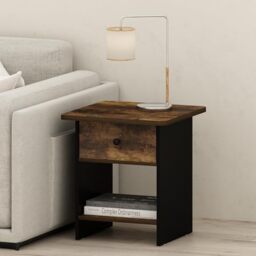 Furinno MODERN Side Table, Square End Table with Storage Bin, Round Corner Night Stand, Bedside Table with Storage Shelf, for Living Room, Bedroom, Amber Oak