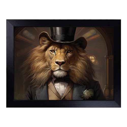 Lap Tray with Bean Bag Cushion, Lion Victorian Art - Handmade in the UK, Raised Wooden Edge, Padded Cushion, Heat-Resistant Wipe-Clean Surface, for Meals, Laptops and Crafts