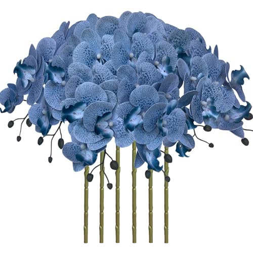 FagusHome 32 Inch Artificial Phalaenopsis Flowers 6 Pcs Artificial Orchid Flowers Stem Plants for Home D??cor (Blue Piebald)