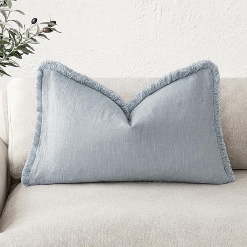 Foindtower Decorative Linen Fringe Lumbar Throw Pillow Covers Cozy Boho Farmhouse Cushion Cover with Tassel Soft Accent Pillowcase for Sofa Bed Living Room Home Decor, 12??20 Inch,1PC,Sky Blue