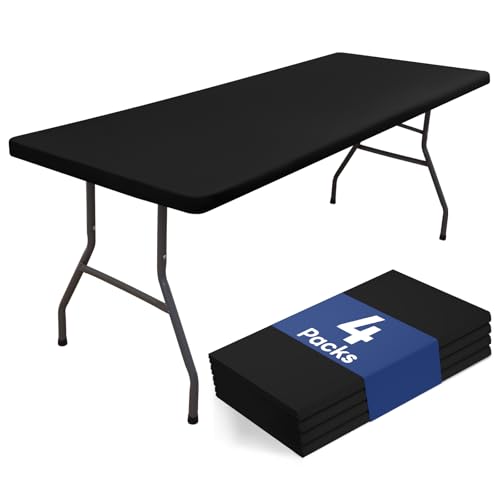 "Homing 4 Packs 4 Foot Rectangle Table Cloth, Waterproof Polyester Elastic Fitted Tablecloth, Washable Table Cover for Picnic, Camping, Outdoor (Black, 30"" x 48"")"