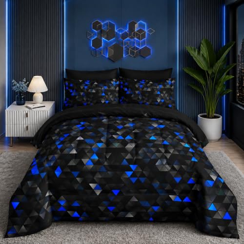 Nttopship Geometric Blue Black Triangle King Size Comforter Set,Light Honeycomb Bedding Set 7 Piece in A Bag,Bed Sheet Set Geometry Decor,Microfiber Lightweight All Season