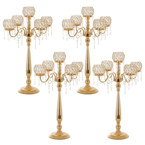 4 Packs 5 Arms Crystal Candelabra for Wedding Centerpiece, Gold Floor Candle Holder Set with Chandelier Crystal Beaded Anniversary Dinner Party Table Decoration candelabros de mesa Elegantes