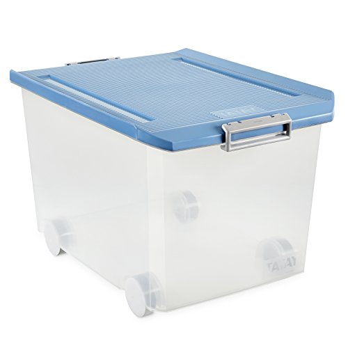 TATAY Multipurpose storage box with lid, 60L capacity, with wheels, BPA-free polypropylene plastic, transparent with blue lid. Sizes40x56,5x36,2 cm