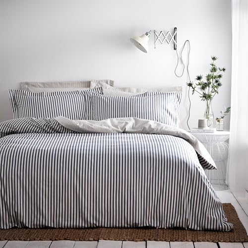 furn. Yard Hebden 100% Cotton Stripe Duvet Cover Set – Reversible Striped Bedding (Navy, Double)